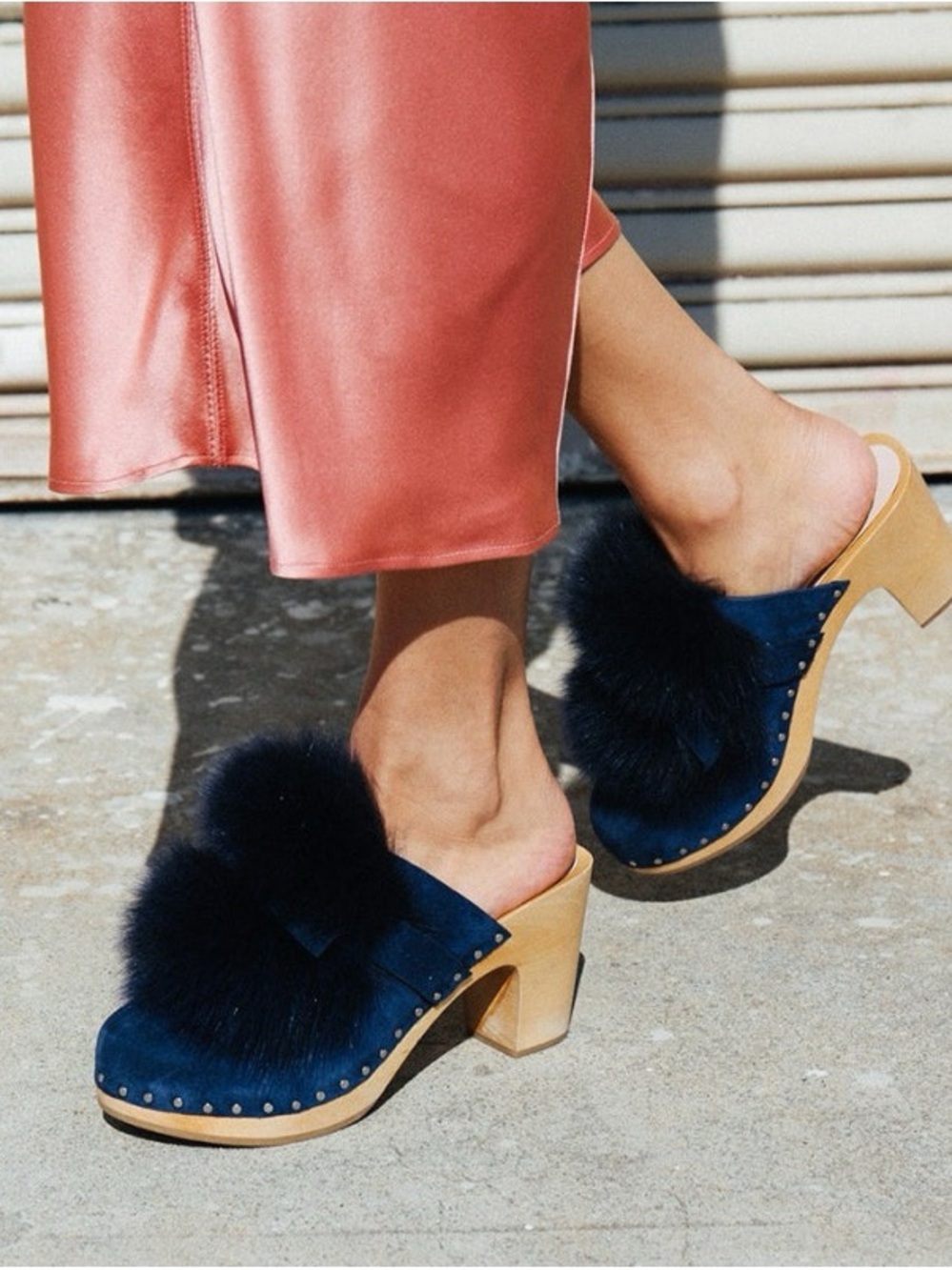 Loeffler Randall Navy Suede Fur-Trim Clog Heels